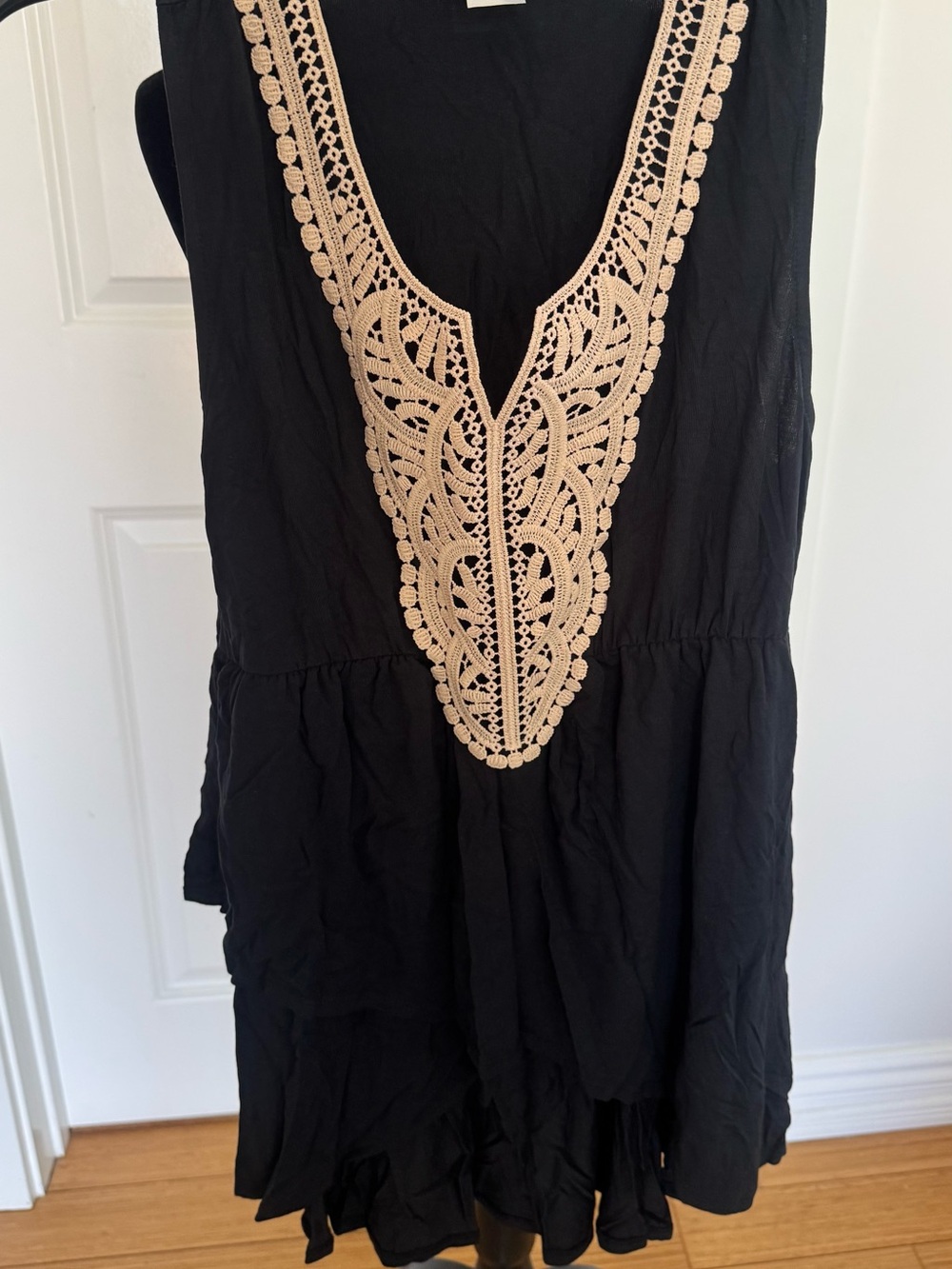VENUS Black Tunic with Cream Crochet V-Neck